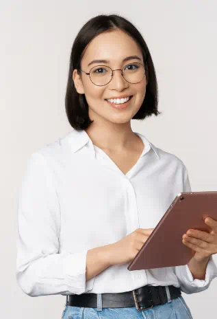A person standing holding a tablet device.